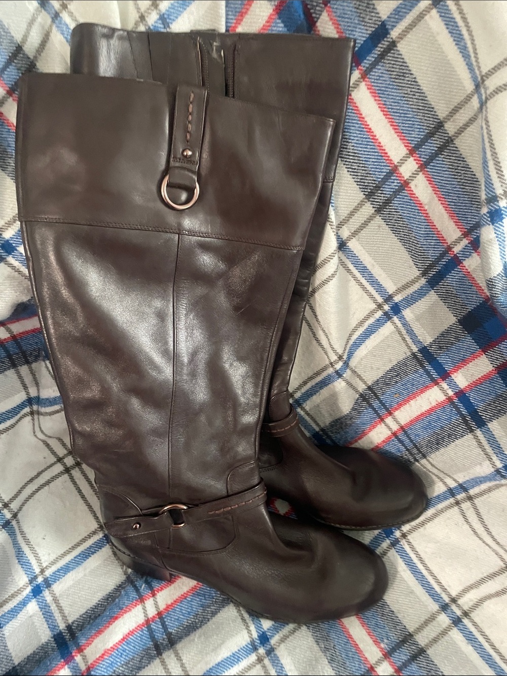 Women's Dark Brown Leather Riding Heeled Boots extended calf